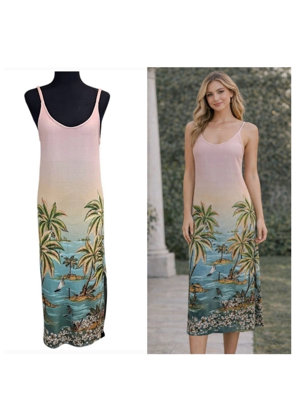 Farm Rio Sea Inspired Palm Tree Beach Scene Maxi Dress Small Beachy Coconut Girl